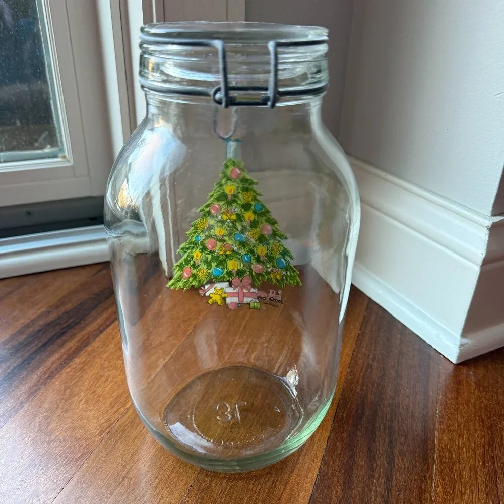 Vintage Carlton Glass 3L Christmas Tree Cookie Jar Canister Clear 3L Hinged Lid